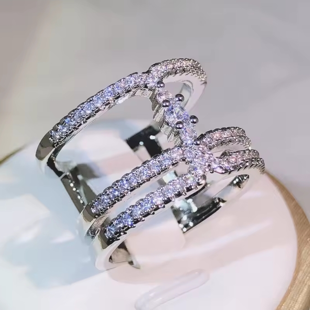 Silver Crystal Triple-Row Openwork Ring - Picture 6 of 7